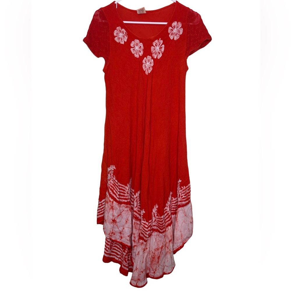 Orange & White Embroidered Flower Sun Dress